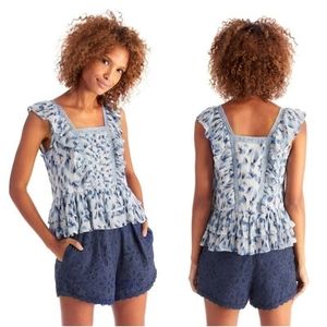 $173 ALLISON NEW YORK Quinn Tank Ruffled Tiered Cotton Blue Watercolor Floral L